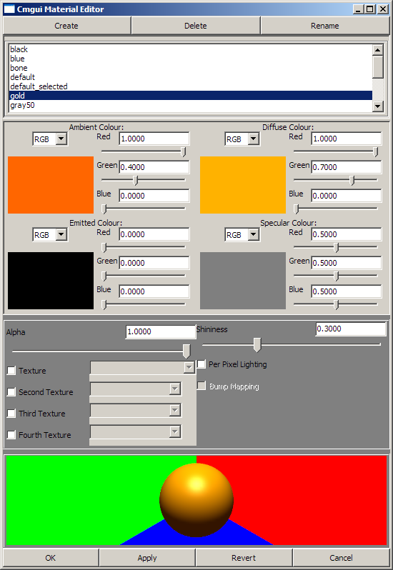 The CMGUI graphical material editor window